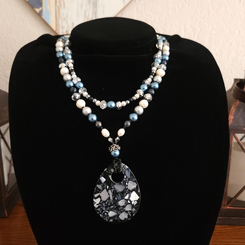 Multistrand Beaded Teardrop Pendant Necklace - Picture 2 of 7
